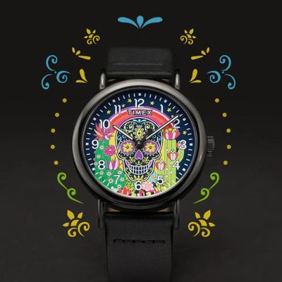 TIMEX 天美時 Weekender 40 毫米 墨西哥 亡靈節 皮革錶帶腕錶(黑 TXTW2Y15900)