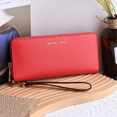 MICHAEL KORS Jet Set 防刮皮革手掛ㄇ字拉鍊長夾(橘紅)