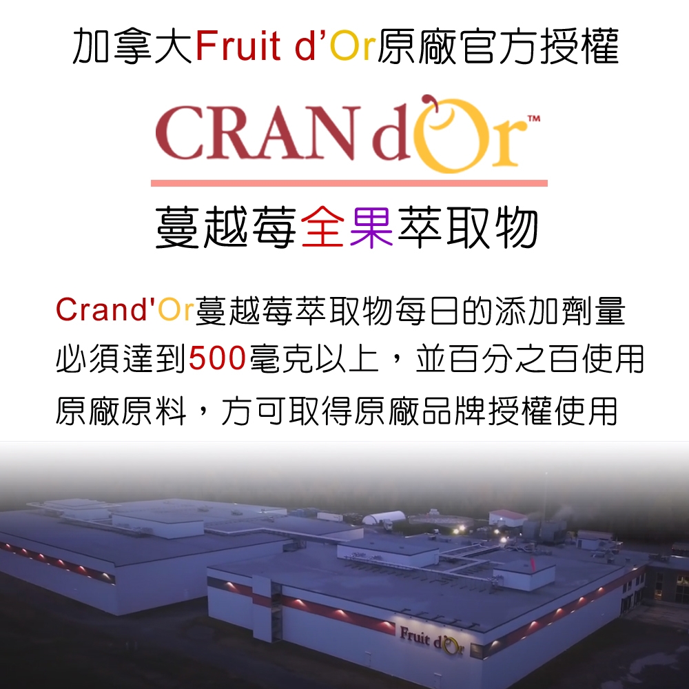 加拿大Fruit dOr原廠官方授權CRAN 蔓越莓全果萃取物CrandOr蔓越莓萃取物每日的添加劑量必須達到500毫克以上,並百分之百使用原廠原料,方可取得原廠品牌授權使用Fruit