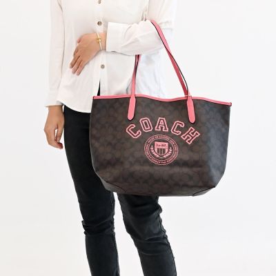 COACH 品牌LOGO印花皮革托特包(深咖/桃)