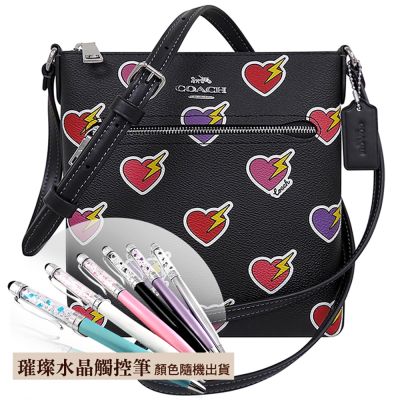 COACH 黑色愛心圖樣PVC斜背包+璀璨水晶觸控筆