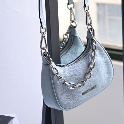 MICHAEL KORS CORA 經典荔枝皮革手提斜背兩用牛角包(天藍-全新福利品)