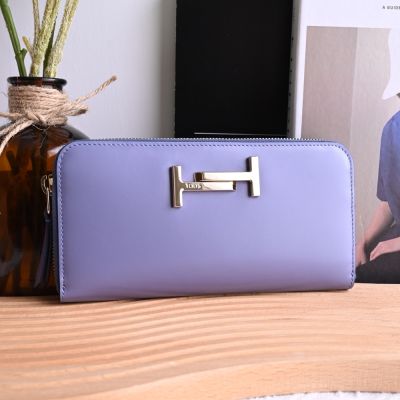 TOD’S DOUBLE T系列經典T字小牛皮ㄇ字拉鍊長夾(迷霧藍)