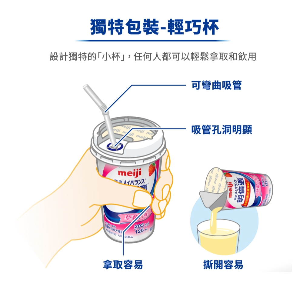 獨特包裝-輕巧杯設計獨特的「小杯」,任何人都可以輕鬆拿取和飲用可彎曲吸管日本大阪吸管孔洞明顯   memeijiメイバランス草莓味203 125m meijiメイバランス明倍適拿取容易撕開容易