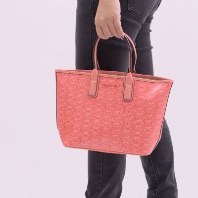 MICHAEL KORS JODIE MK印花塗層帆布手提小托特包(粉橘)