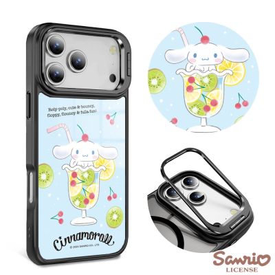 三麗鷗 iPhone 17/16/15/14/13系列 軍規防摔合金框隱形立架手機殼-水果大耳狗-黑框