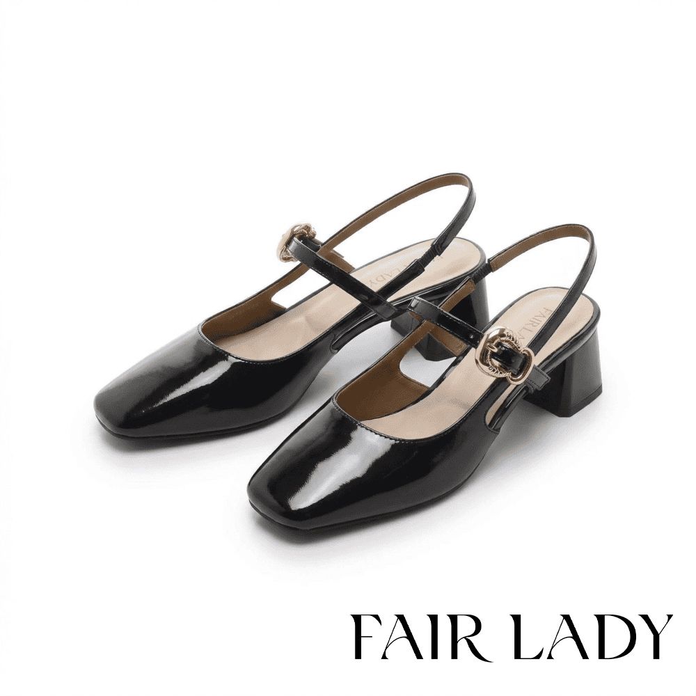 FAIR LADY 芯太軟 漆皮方頭後拉帶塊跟涼鞋 黑 (4B3202)