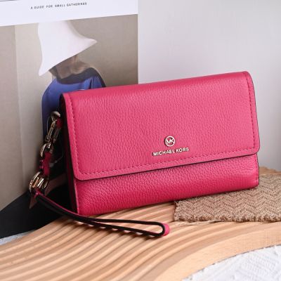MICHAEL KORS Jet Set Charm 荔枝紋手提釦式三折長夾(桃紅-可放6吋手機)