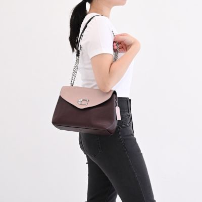 COACH Tammie 經典C字LOGO荔枝皮革翻蓋斜背鍊包(粉紫)
