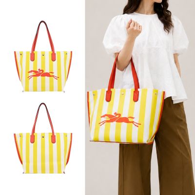 LONGCHAMP ROSEAU ESSENTIAL系列帆布LOGO字母條紋托特包(大/黃x白)