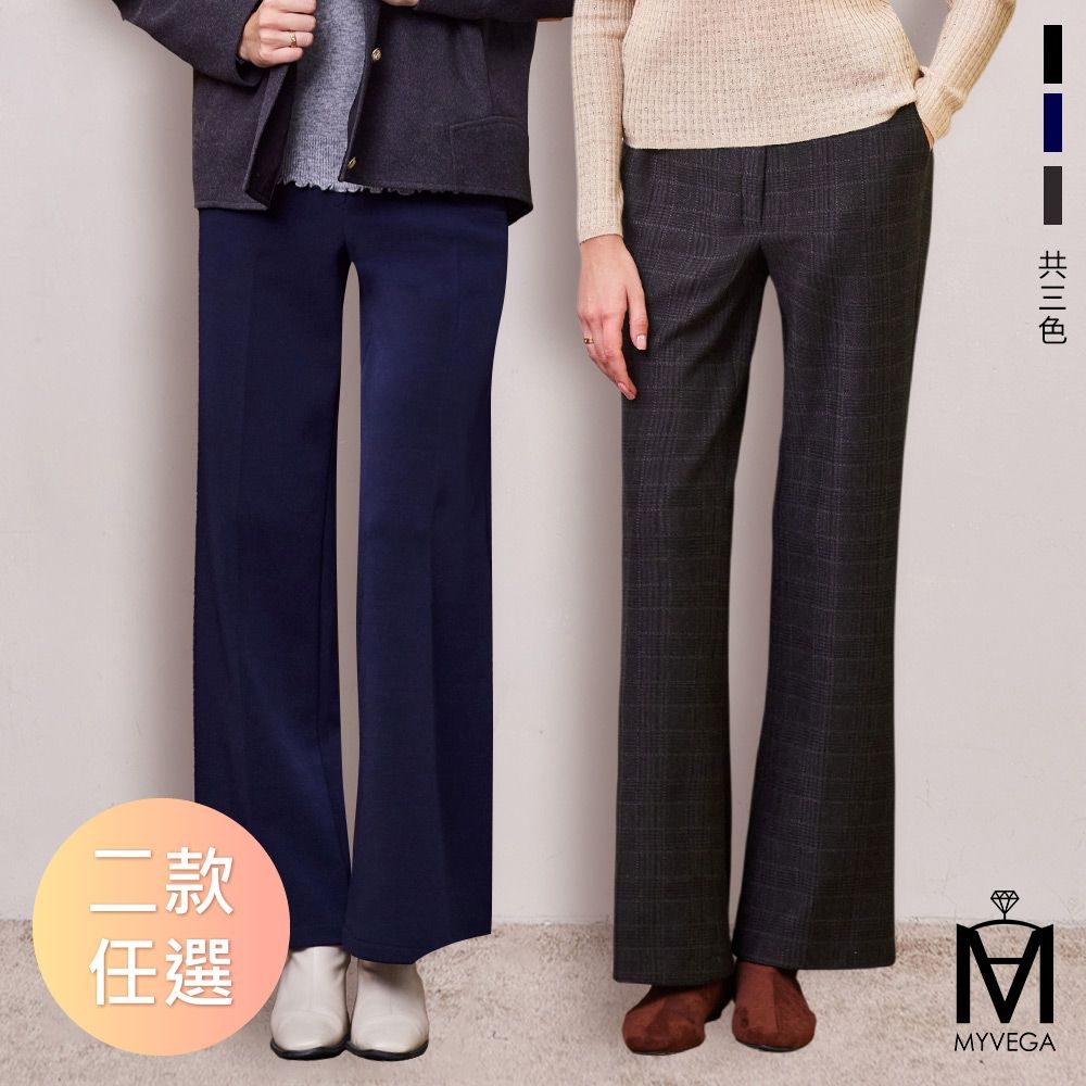 MYVEGA麥雪爾 MA厚料保暖內磨毛/格紋長寬褲-共二款 (A款-黑)