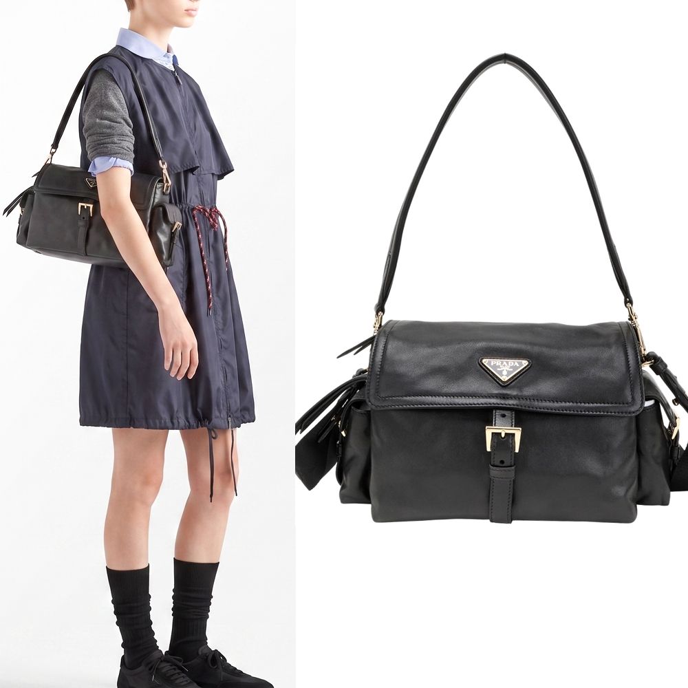 PRADA 普拉達 Explore 中款 金三角牌雙袋納帕羊皮翻蓋手提 肩斜背包(黑色)