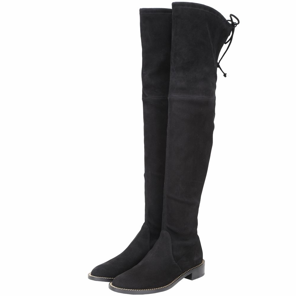 Stuart Weitzman LOWLAND / 5050 經典麂皮/皮革過膝長靴-多款 (Lowland Linx金屬飾抽繩麂皮-黑色)