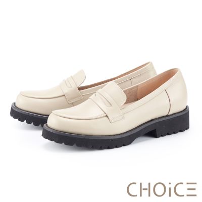 CHOiCE 簡約質感真皮鋸齒厚底樂福鞋 米色