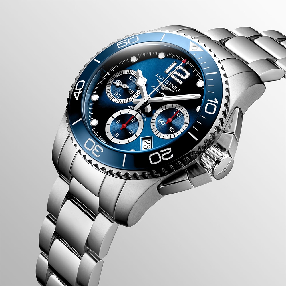 LONGINES 浪琴官方授權深海征服者浪鬼陶瓷計時潛水機械錶-藍x銀/41mm