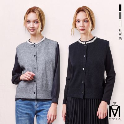 MYVEGA麥雪爾 MA珍珠水鑽領口微落肩針織背心外套-共三色