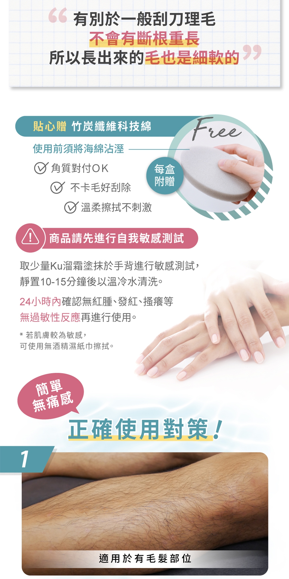 有別於一般刮刀理毛不會有斷根重長所以長出來毛也是細軟的貼心贈 竹炭纖維科技綿Free使用前須將海綿沾溼角質對付OK每盒附贈不卡毛好刮除溫柔擦拭不刺激商品請先進行自我敏感測試取少量Ku溜霜塗抹於手背進行敏感測試,靜置10-15分鐘後以溫冷水清洗。24小時內確認無紅腫、發紅、搔癢等無過敏性反應再進行使用。*若肌膚較為敏感,可使用無酒精濕紙巾擦拭。簡單無痛感正確使用對策!1適用於有毛髮部位