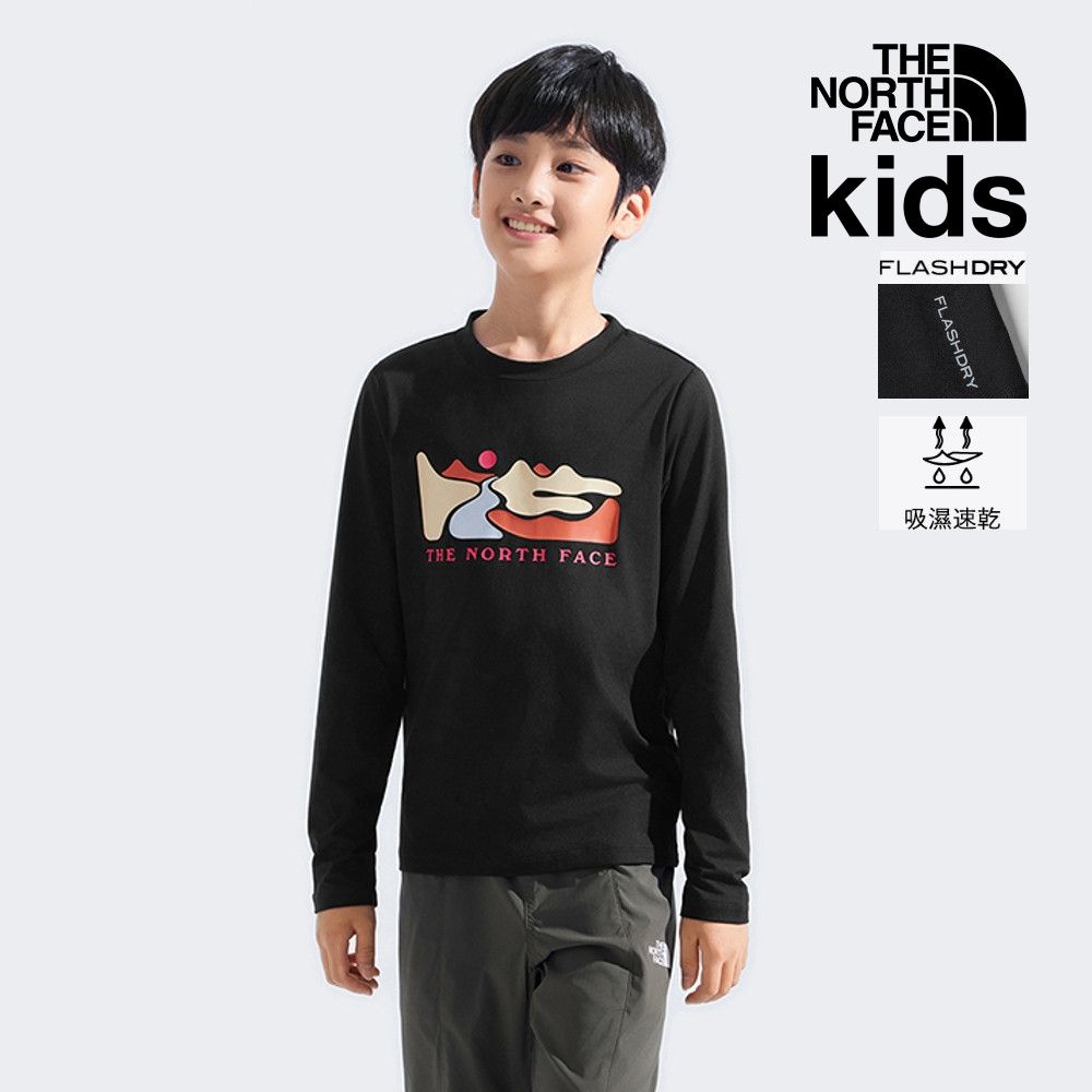 【The North Face 官方旗艦】 北面兒童黑色UPF防曬長袖上衣｜8DXPJK3 抗UV