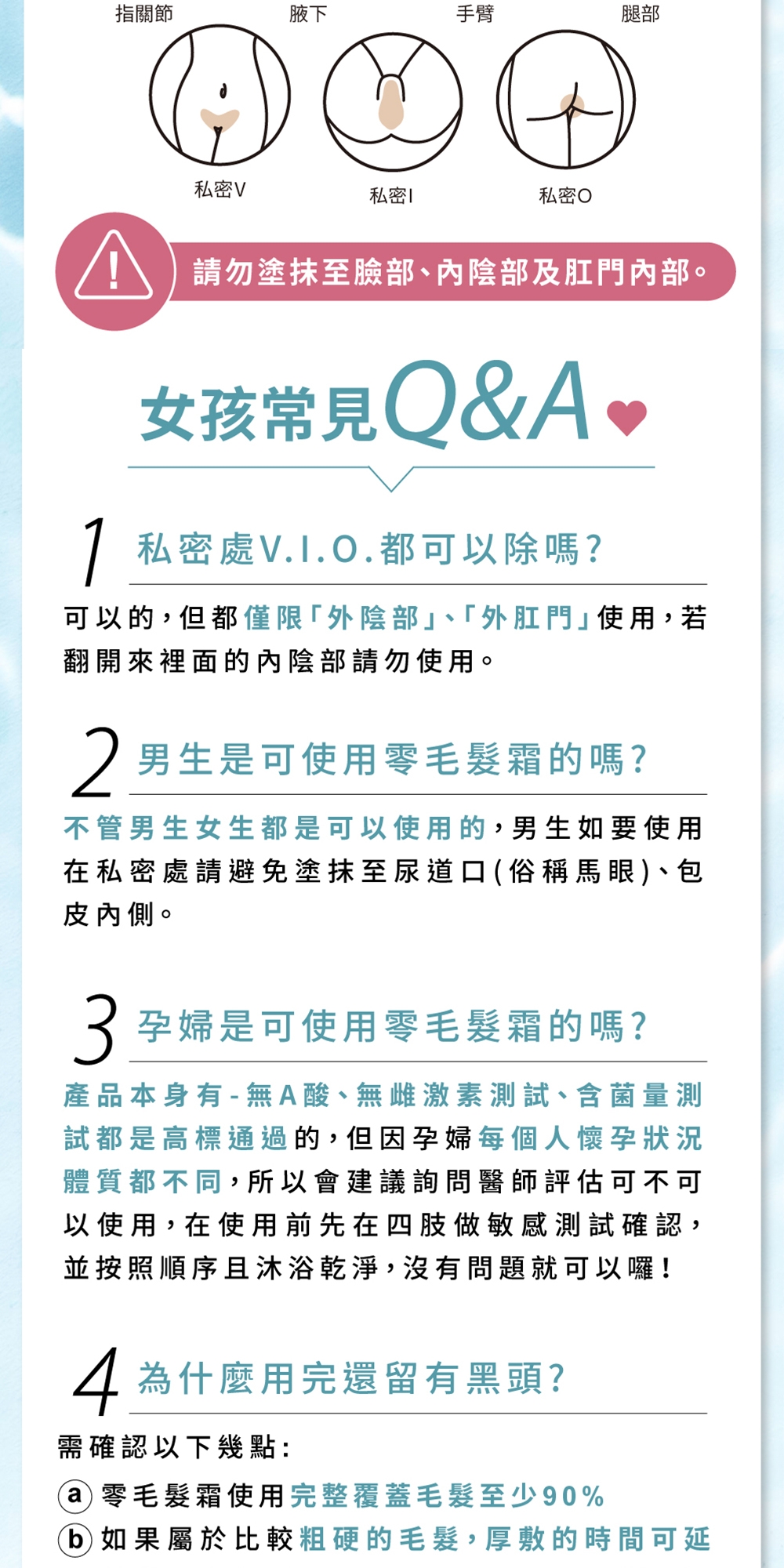 指關節腋下手臂腿部私密V私密私密請勿塗抹至臉部、陰部及肛門內部。女孩常見Q&A 私密處V.1.0.都可以除嗎?可以的,但都僅限「外陰部、「外肛門」使用,若翻開來裡面的內陰部請勿使用。2男生是可使用零毛髮霜的嗎?不管男生女生都是可以使用的,男生如要使用在私密處請避免塗抹至尿道口俗稱馬眼、包皮內側。3 孕婦是可使用零毛髮霜的嗎?產品本身有-無A酸、無雌激素測試、含菌量測試都是高標通過的,但因孕婦每個人懷孕狀況體質都不同,所以會建議詢問醫師評估可不可以使用,在使用前先在四肢做敏感測試確認,並按照順序且沐浴乾淨,沒有問題就可以囉!4為什麼用完還留有黑頭?需確認以下幾點:a零毛髮霜使用完整覆蓋毛髮至少90%(b)如果屬於比較粗硬的毛髮,厚敷的時間可延