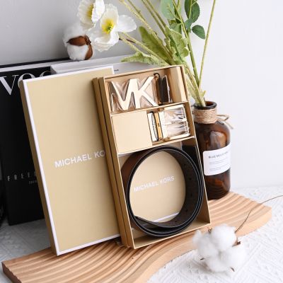 MICHAEL KORS MK雙皮帶頭雙面皮帶禮盒組(咖/金釦)
