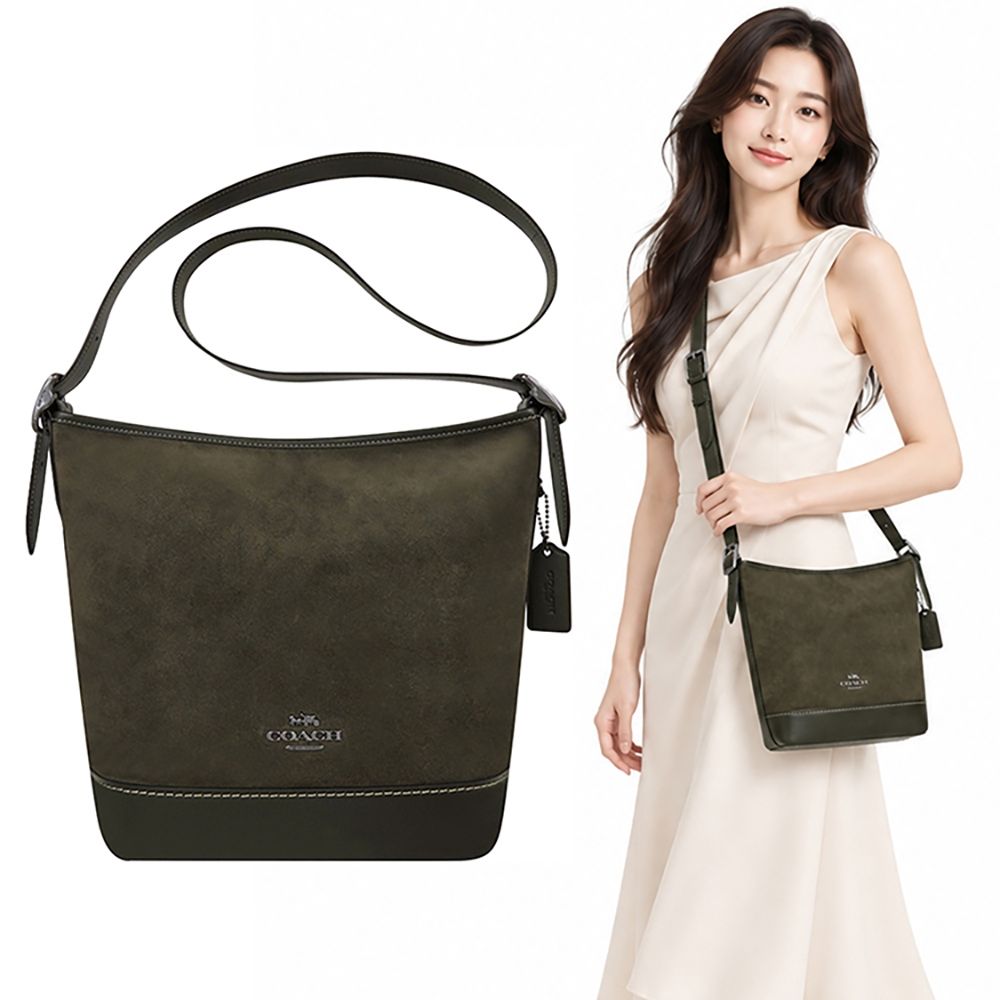 COACH 橄欖綠色麂皮肩背/斜背水桶包-大型