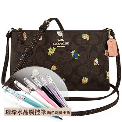 COACH 巧克力色玫瑰花圖樣大C PVC方形斜背包+璀璨水晶觸控筆