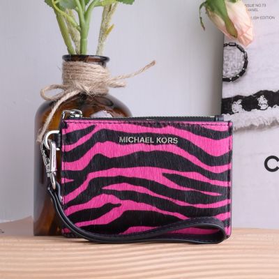 MICHAEL KORS Jet Set 金屬LOGO動物紋毛布皮革手提卡片零錢包(桃)