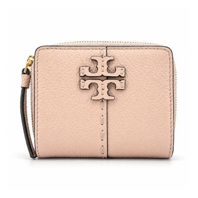 TORY BURCH MCGRAW 荔枝紋皮革縫線對開零錢短夾(粉)