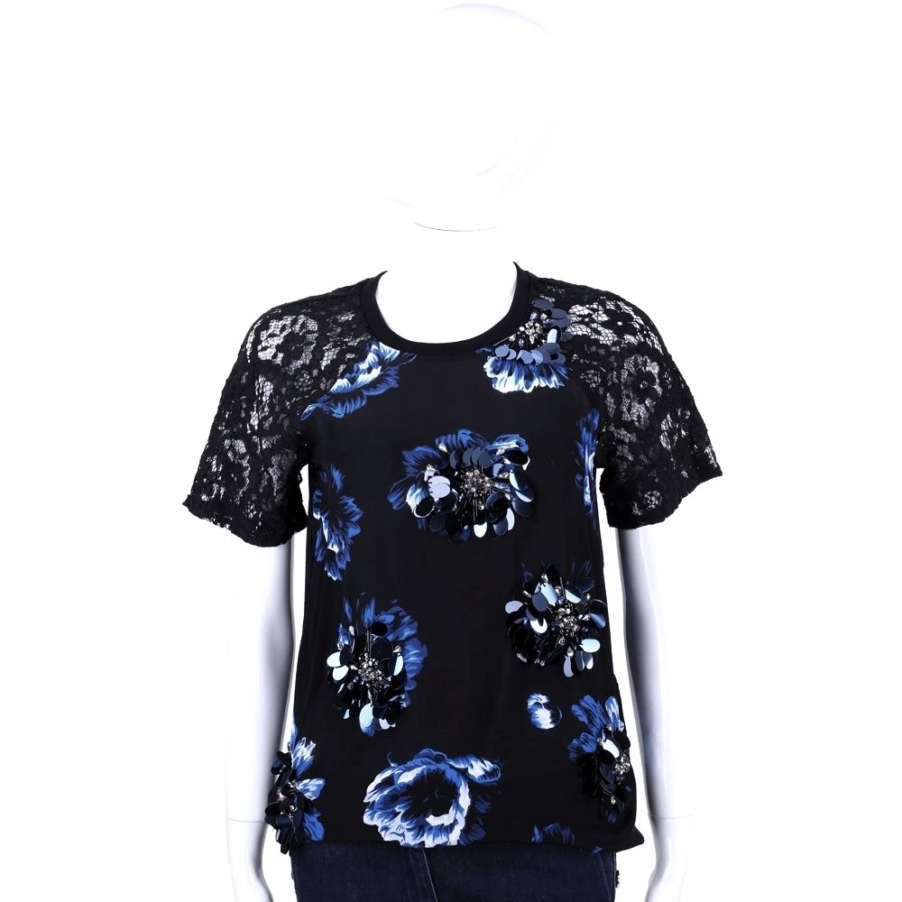 Max Mara集團 經典T恤 TEE 均一價 (黑色亮片藍花飾蕾絲)