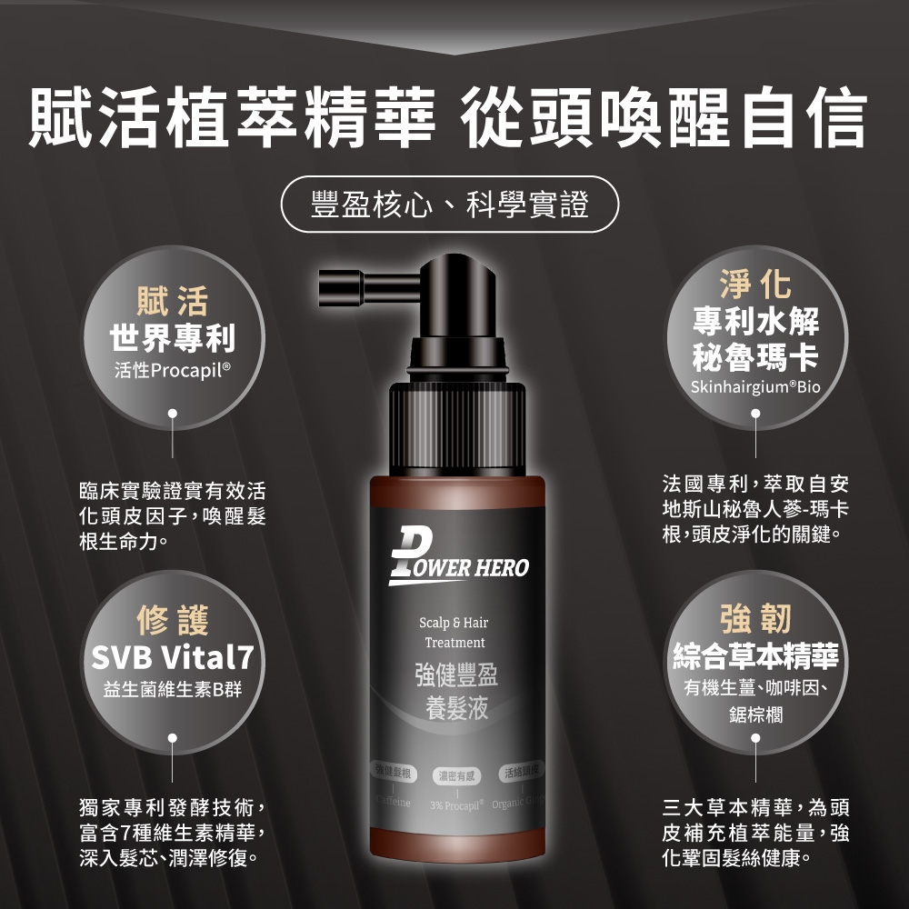 賦活植萃精華 從頭喚醒自信賦活世界專利活性Procapil®豐盈核心、科學實證淨化專利水解秘魯瑪卡Skinhairgium Bio臨床實驗證實有效活化頭皮因子,喚醒根生命力。D HERO修護SVB Vital7Scalp  HairTreatment益生菌維生素B群強健豐盈養髮液獨家專利發酵技術,富含7種維生素精華,深入髮芯、潤澤修復。強健髮根活絡頭皮濃密有感Caffeine法國專利,萃取自安地斯山秘魯人蔘-瑪卡根,頭皮淨化的關鍵。強韌綜合草本精華有機生薑、咖啡因、鋸棕櫚3% Procapil® Organic Ging三大草本精華,為頭皮補充植萃能量,強化鞏固髮絲健康。