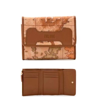 Alviero Martini 義大利地圖包 尼龍6卡釦式短夾-咖啡x地圖黃