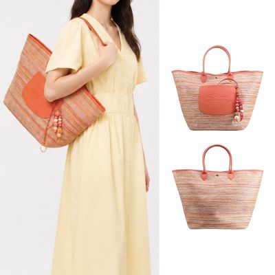 LONGCHAMP LE PLIAGE COLLECTION系列前口袋拉菲草編織提籃包(大/彩虹x橘)