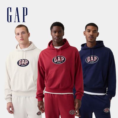 【GAP】VintageSoft毛圈布寬版Gap Logo 短版連帽運動衫-卡爾石色(887935)