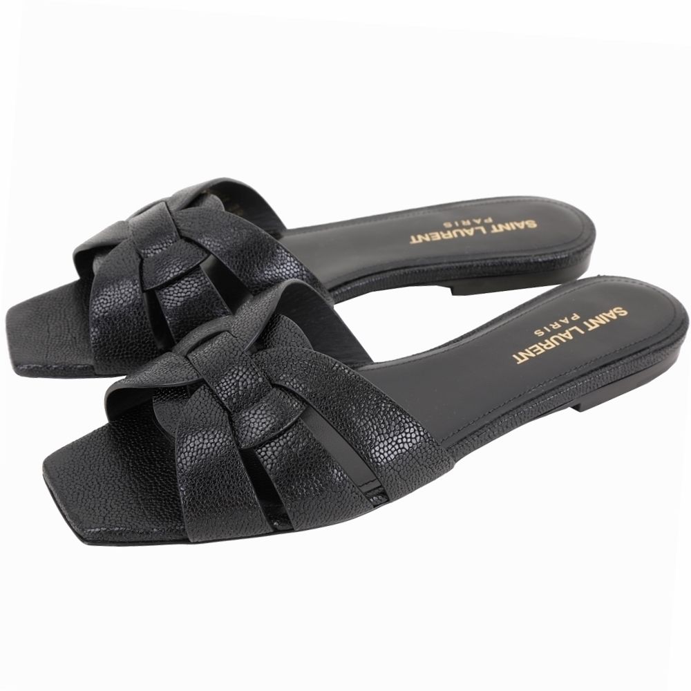 YSL Saint Laurent TRIBUTE 牛皮編織結飾 平底涼拖鞋-多款可選 (粒面-黑色)