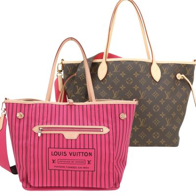 LOUIS VUITTON路易威登 Louis Vuitton LV路易威登 M12257 Neverfull Inside Out MM 條紋老花帆布牛皮雙面托特包(桃紅)
