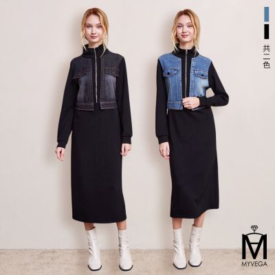 MYVEGA麥雪爾 MA太空棉拼接牛仔假兩件長洋裝-共二色