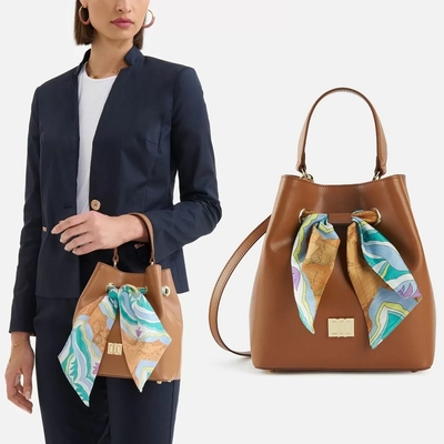 Alviero Martini 義大利地圖包 印花絲巾牛皮水桶包-咖啡色