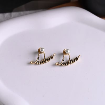 Christian Dior 復古J adior logo珠珠裝飾針式耳環(古銅金)