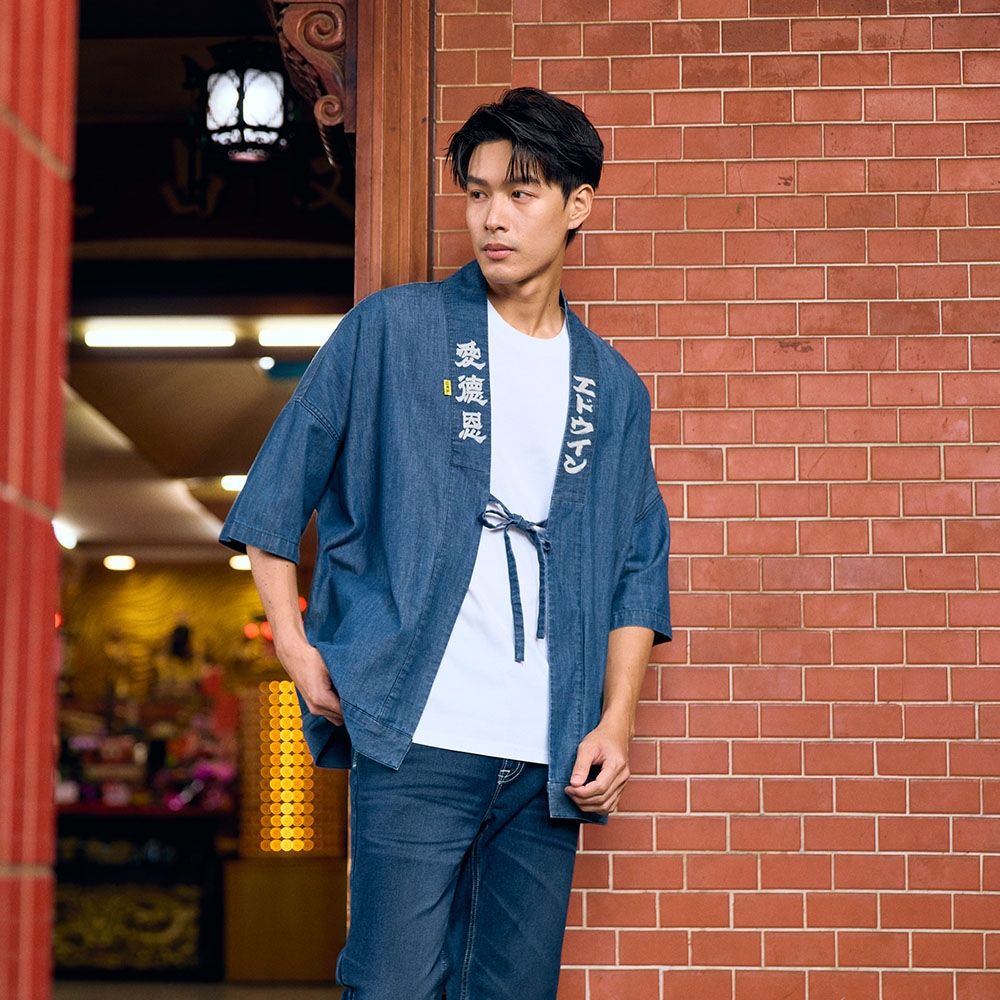 EDWIN 男裝 x 白沙屯 白沙屯牛仔短袖法被-拔洗藍