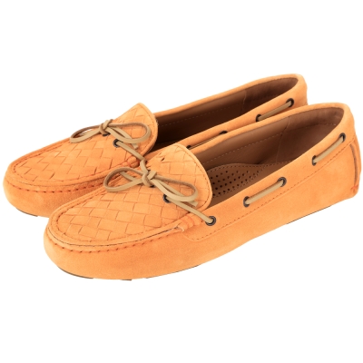 BOTTEGA VENETA 麂皮編織綁帶莫卡辛鞋(桔黃色)