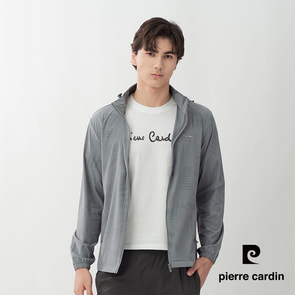 pierre cardin 皮爾卡登 網路獨家 男女款 印花防曬涼感冰絲可拆帽連帽外套(多款任選) (男款-淺灰色)