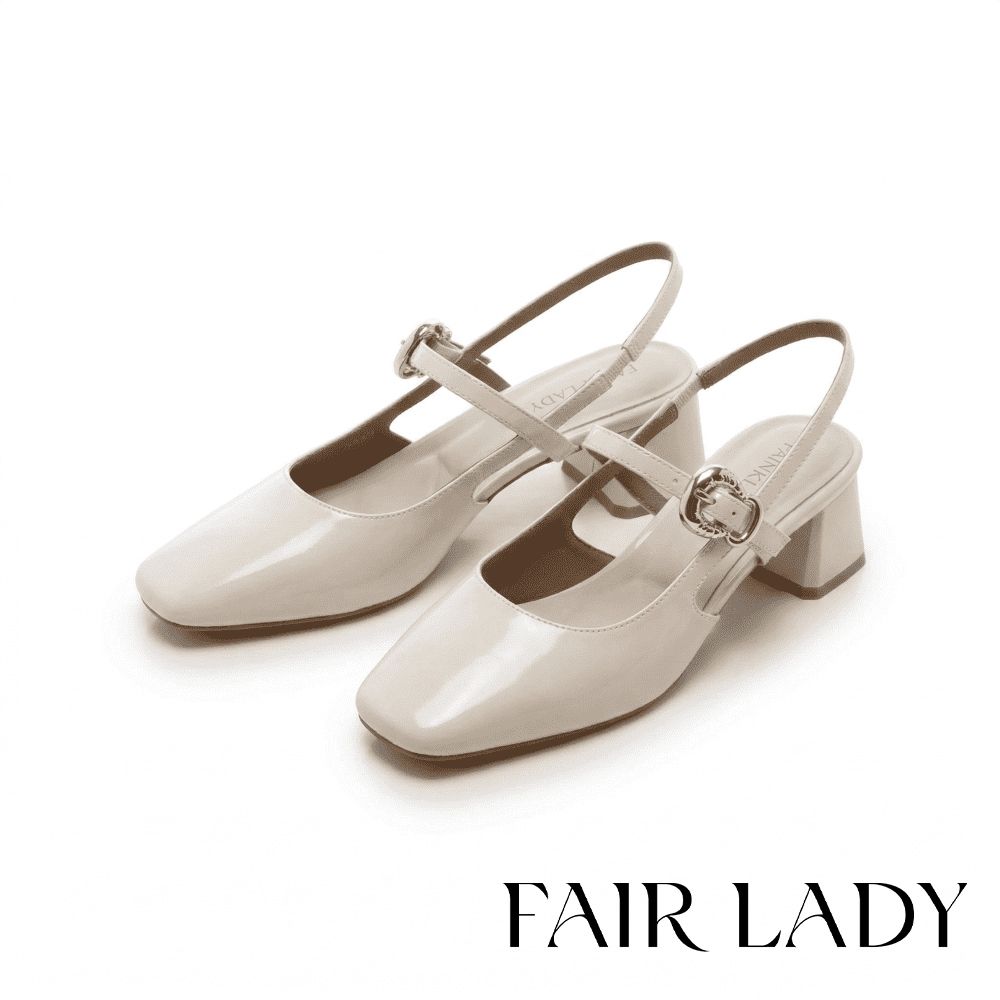 FAIR LADY 芯太軟 漆皮方頭後拉帶塊跟涼鞋 奶油 (4B3202)