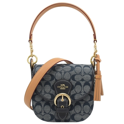 COACH KLEO金屬馬車LOGO滿版C字皮革印花單寧翻蓋兩用包(深藍)