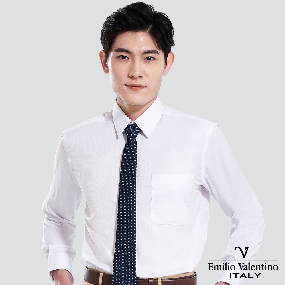 Emilio Valentino 范倫提諾仿天絲條紋長袖襯衫-三色任選 (白)
