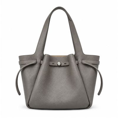 TORY BURCH ROMY 荔枝紋皮革束帶繩肩背水桶包(淺灰)
