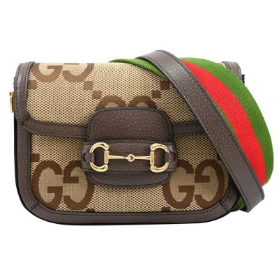 GUCCI 古馳 Horsebit 1955 經典馬銜扣緹花帆布斜背馬鞍包/學院包(駝/深棕)