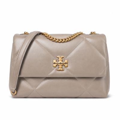 TORY BURCH KIRA 納帕皮革菱格絎縫翻蓋側背/肩背兩用包(小/橡木灰)
