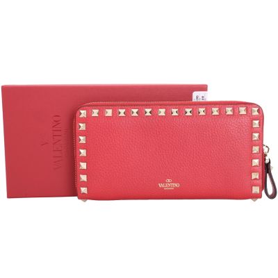 VALENTINO Rockstud 荔紋鉚釘小牛皮拉鍊長夾(紅色)