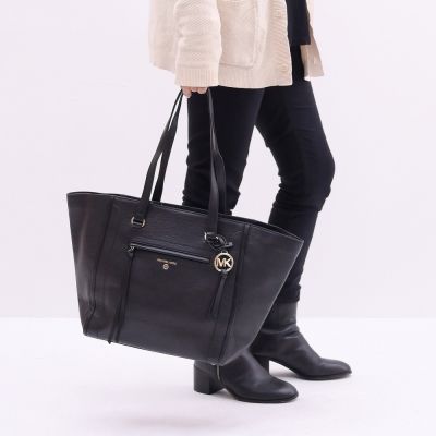 MICHAEL KORS CARINE 經典荔枝皮革肩背拉鍊大容量托特包(黑)