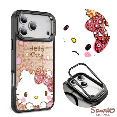 三麗鷗 iPhone 17/16/15/14/13系列 軍規防摔合金框隱形立架鏡面彩鑽手機殼-豹紋凱蒂-黑框